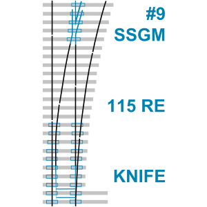 Turnout: #9 115 RE SSGM, 16'-6" knife edge point, hook twin plates (A10-30078)